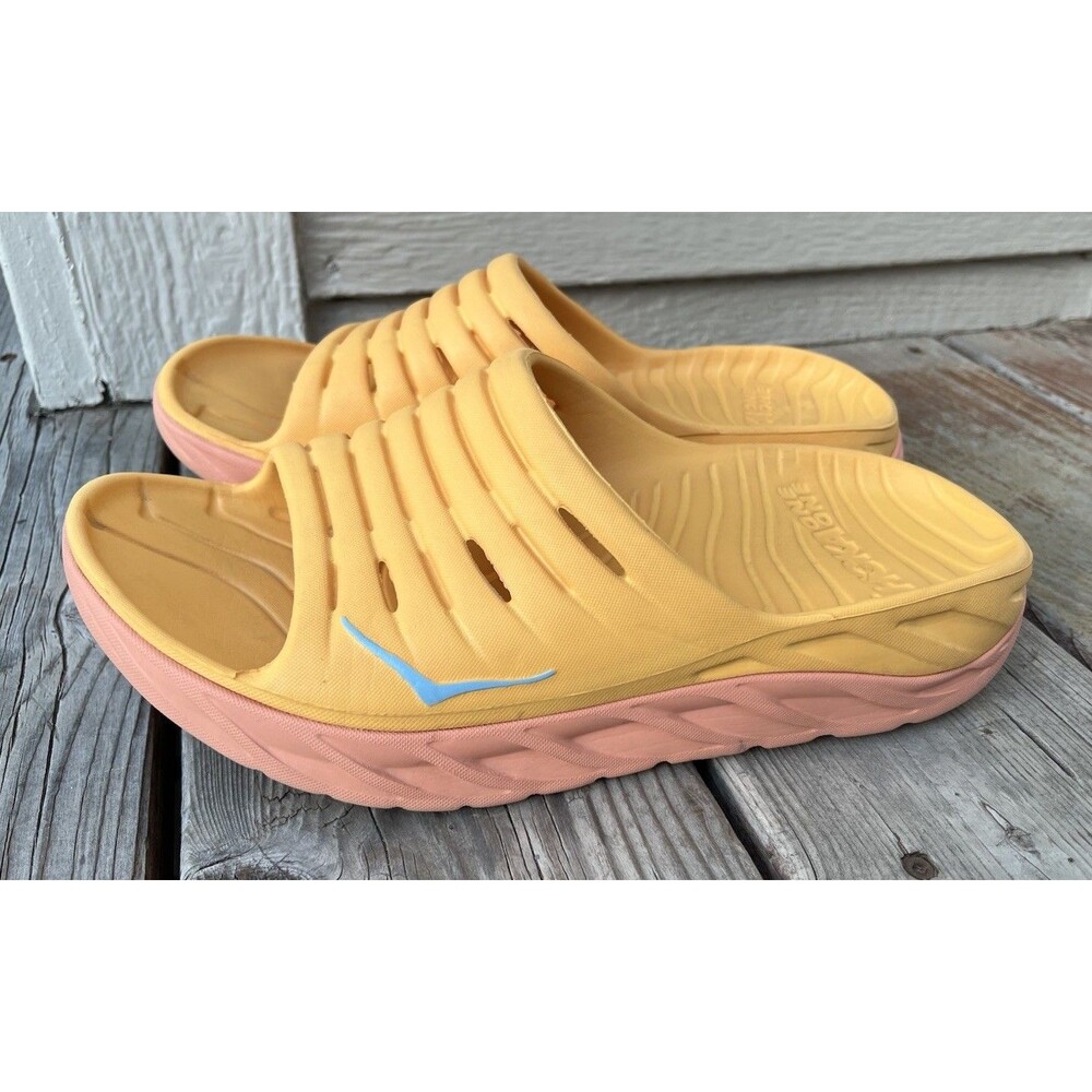 Hoka One One Ora Women's 11 Men's 9 Recovery Slides Amber Yellow/Shell Coral - Picture 7 of 15